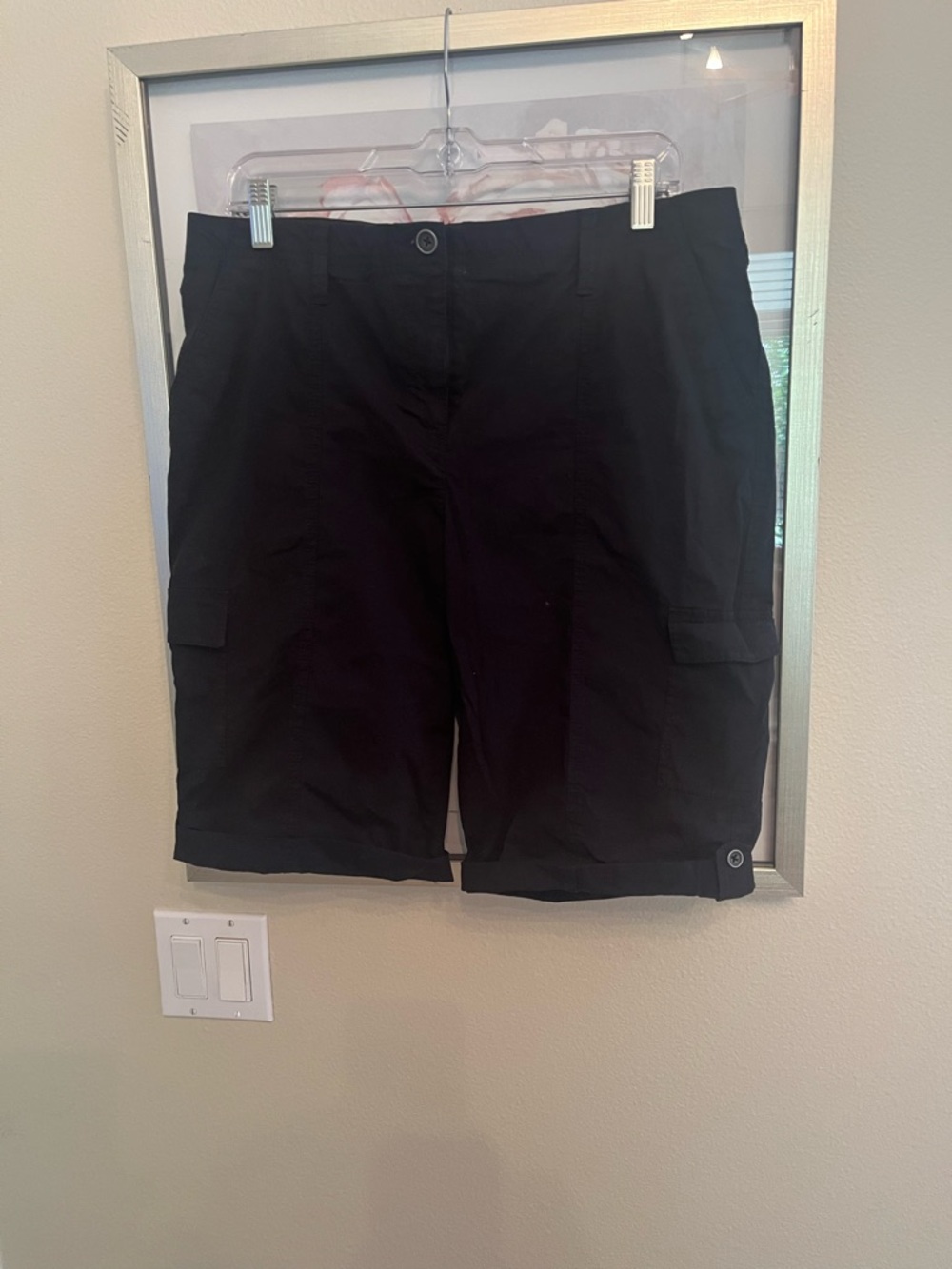 Chico's Black Bermuda Cargo Shorts with Roll-Tab Hem